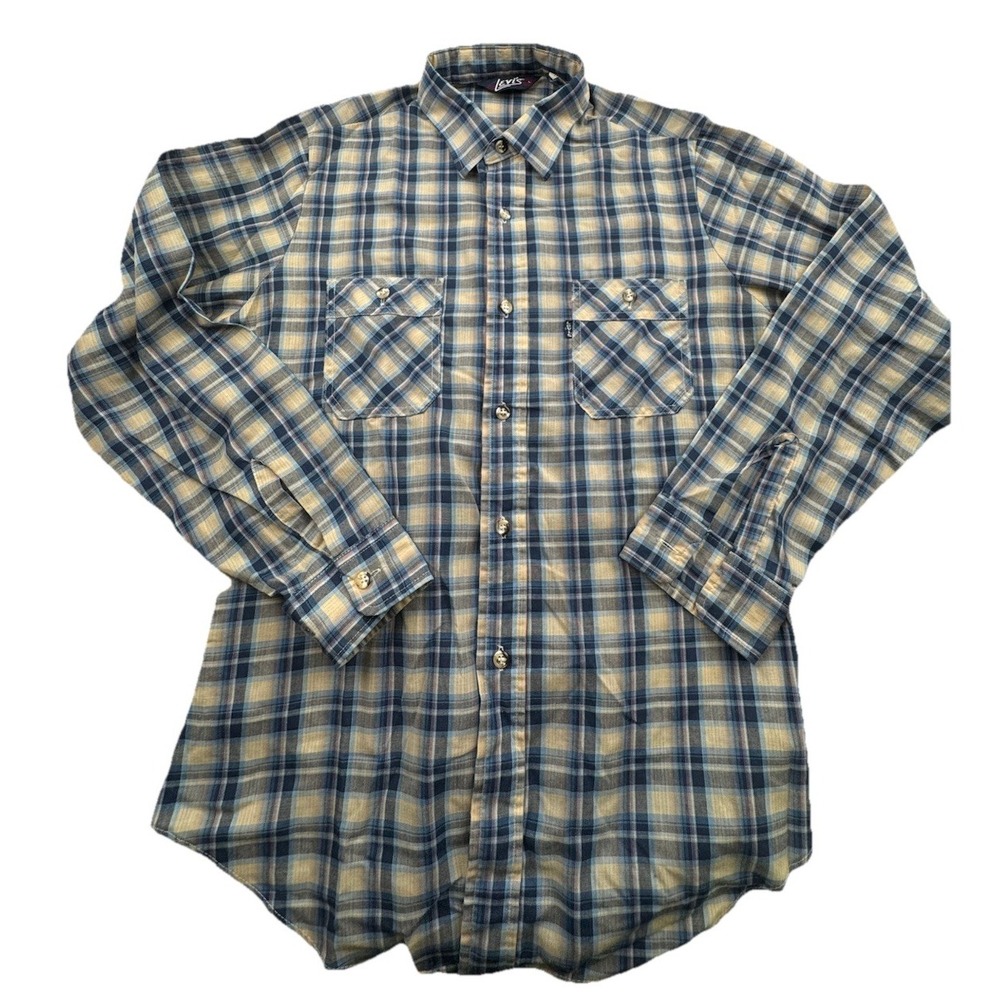 Vtg Levi's Shirt Men's Sz L Blue Flannel Long Sleeve Button‎ UP Plaid USA *READ*